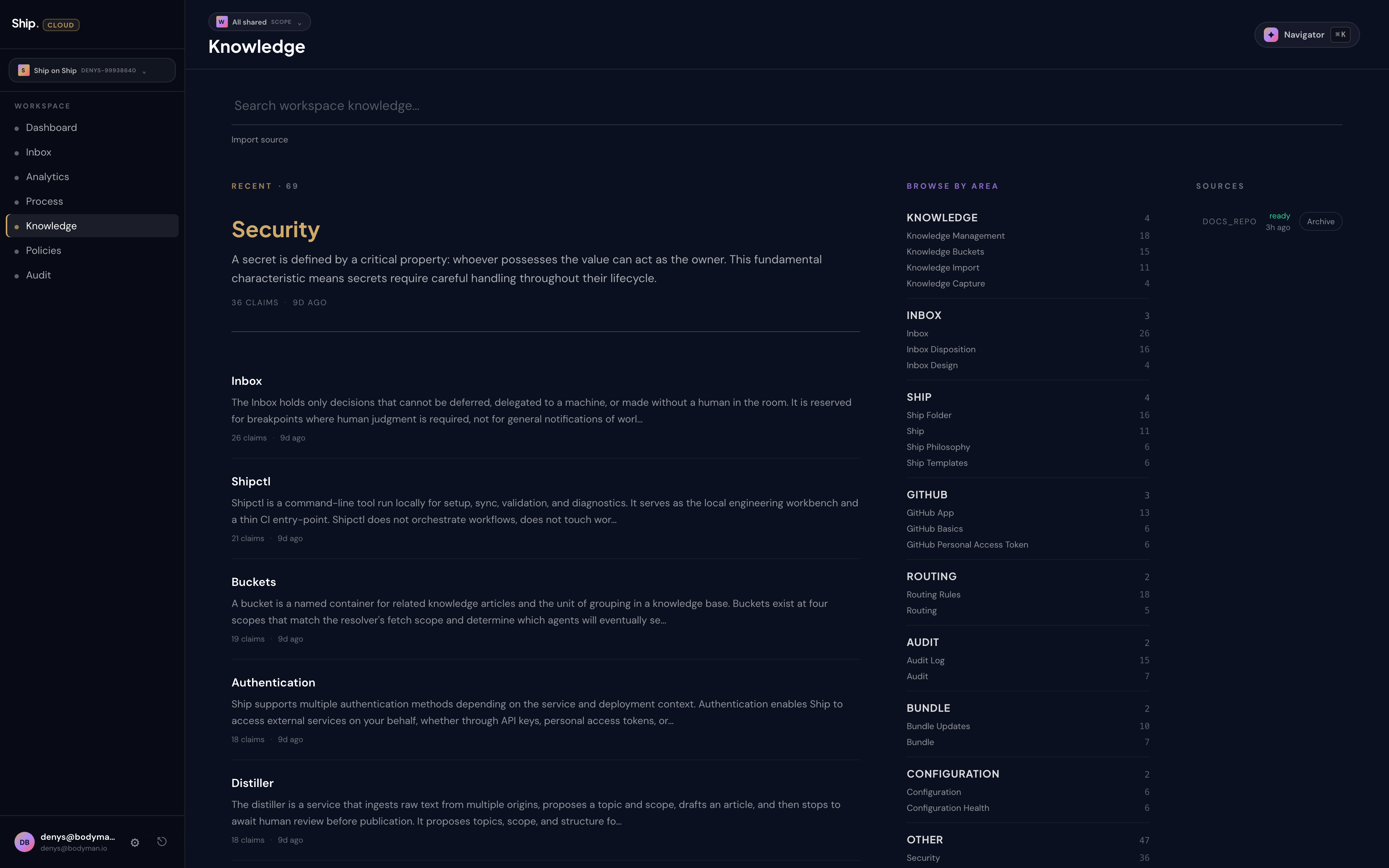 Knowledge — search across your workspace's corpus, the Lighthouse corpus summary, and your import sources.